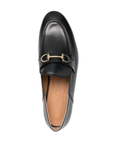 FERRAGAMO Stylish Black Leather Loafers with Gancini Hook Buckle for Women