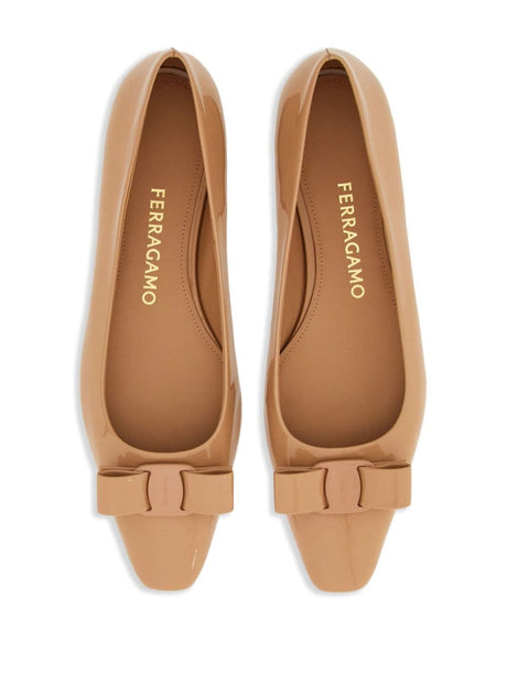 FERRAGAMO Brown Patent Leather Ballerina Flats with Bow Detailing for Women