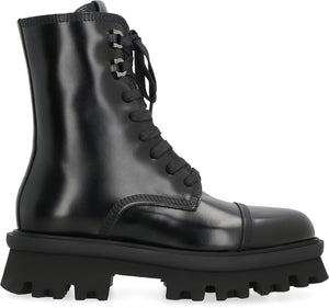 FERRAGAMO Combat Boots with Brushed Calfskin, Lug Sole and String Closure for Women in Black - FW23 Collection