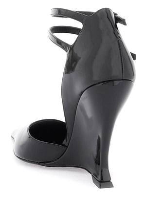 FERRAGAMO Sophisticated Black Patent Leather Sandals for Women with Adjustable Straps and Contoured Heels