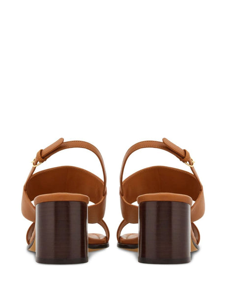 FERRAGAMO Brown Lamb Leather Square Toe Sandals with Gancini Hook Buckle