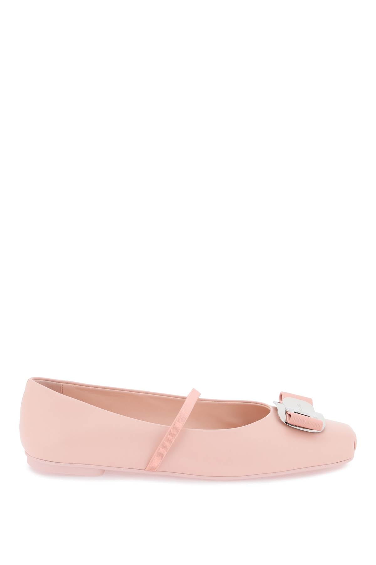 FERRAGAMO Pink Nappa Leather Pointe Inspired Ballet Flats with Geometric Vara Plate