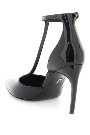 FERRAGAMO Black T-Strap Pumps with Patent Leather and Curved Heel for Women - SS24