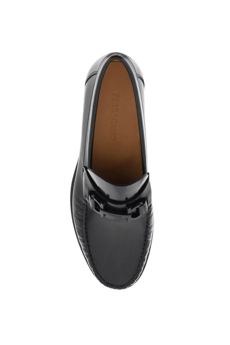 FERRAGAMO Iconic Black Gancini Hook Loafers for Men in Brushed Leather | SS24