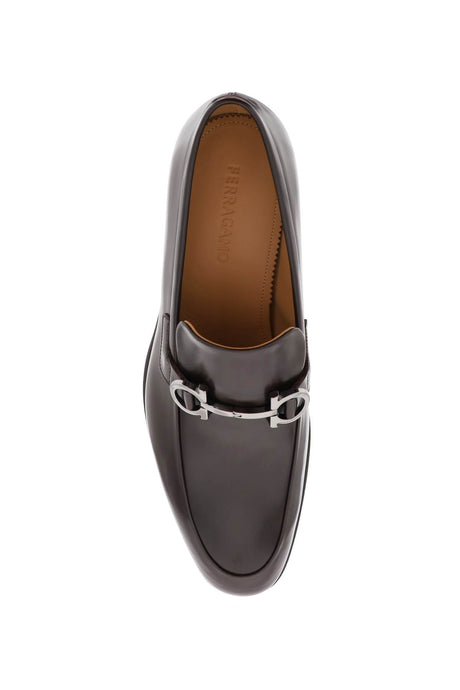 FERRAGAMO Brown Leather Moccasins with Silver Metal Gancini Detail for Men