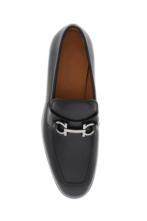 FERRAGAMO Men's Black Leather Penny Loafers with Gancini Hook Detail