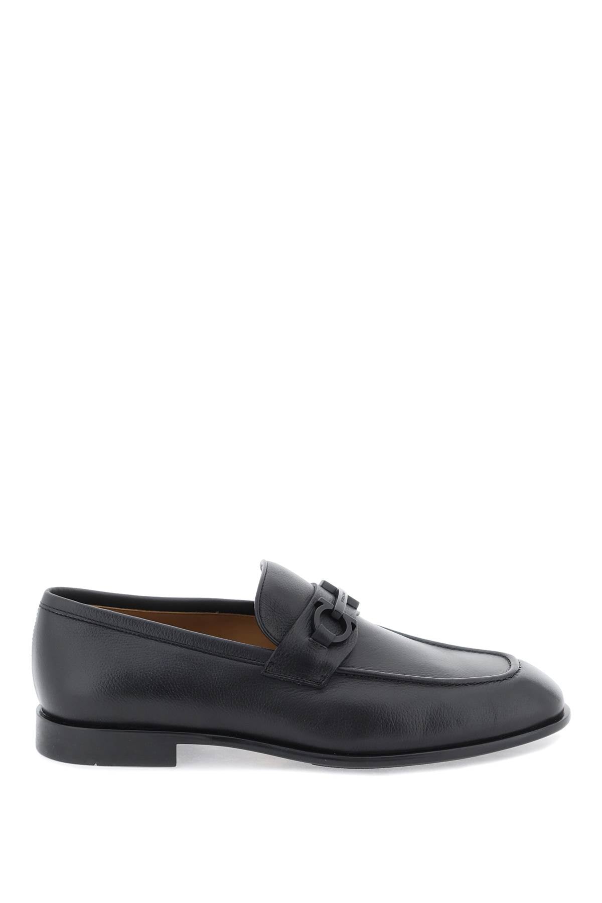 FERRAGAMO Gancini Hook Loafers in Black Grained Leather for Men