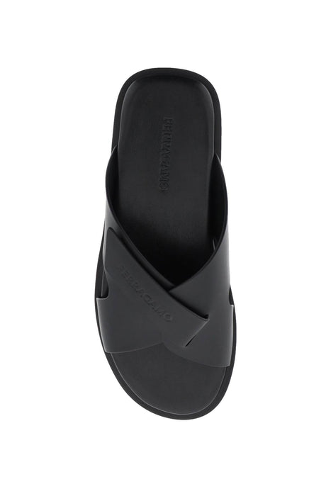 FERRAGAMO Men's Black Leather Slide Sandals with Adjustable Straps and Logo Embossing