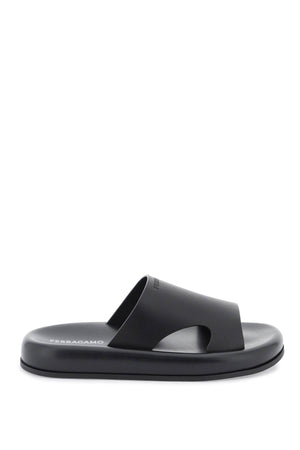 FERRAGAMO Men's Black Slide Sandals with Cut-Out Details