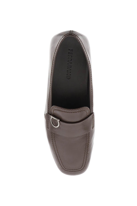 FERRAGAMO Men's Brown Leather Loafers with Iconic Silver-Tone Hardware