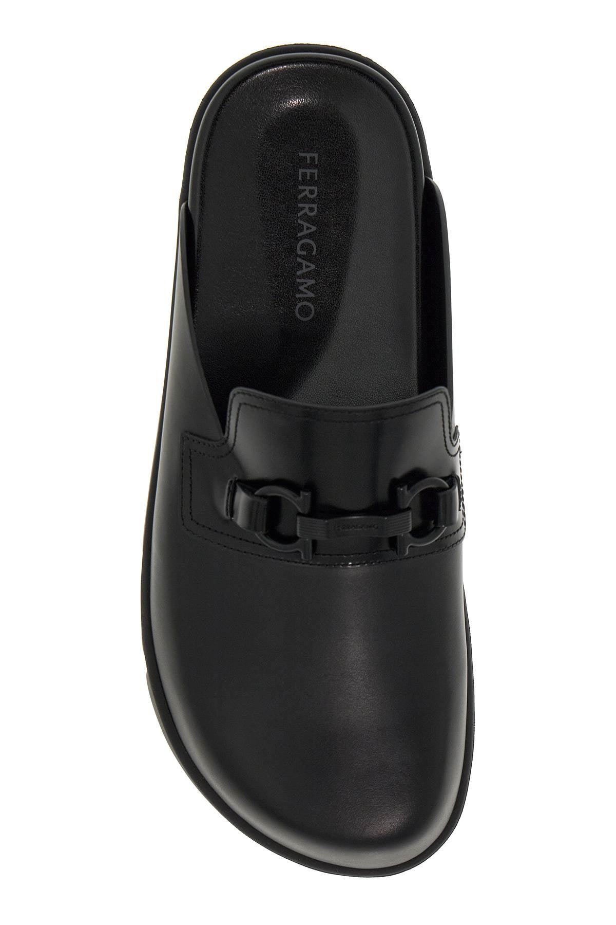 FERRAGAMO Men's Black Flat Leather Sandals with Gancini Hook Ornament