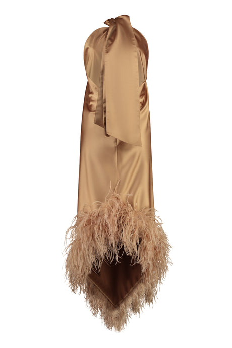 GIUSEPPE DI MORABITO Beige Satin Dress with Open Back and Asymmetrical Feather Hemline