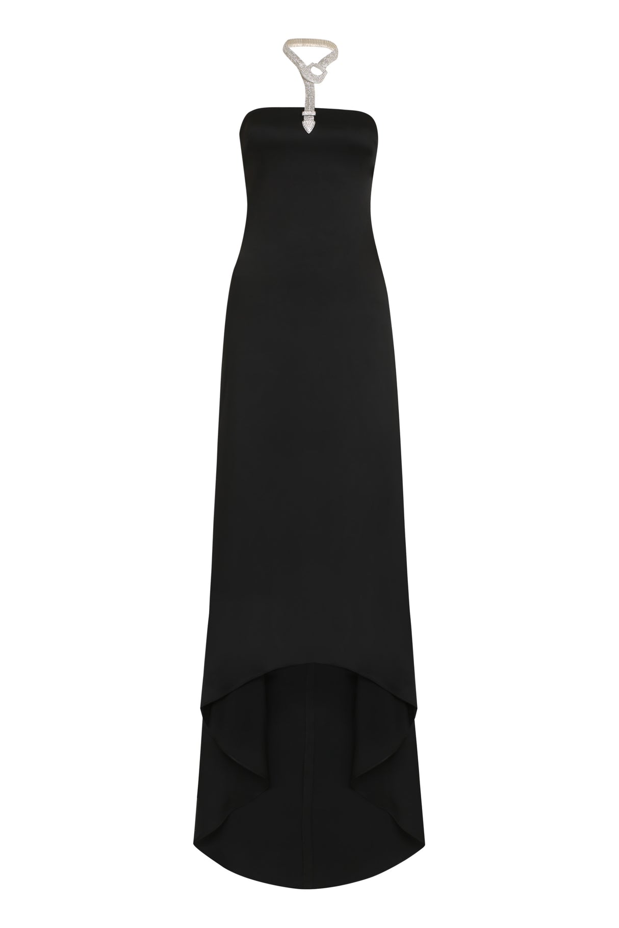 GIUSEPPE DI MORABITO Black Satin Dress with Rhinestone Appliqué and Asymmetric Hem for Women - SS24