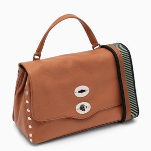 ZANELLATO Brown Leather Handbag with Striped Fabric Strap and Double Swivel Closure