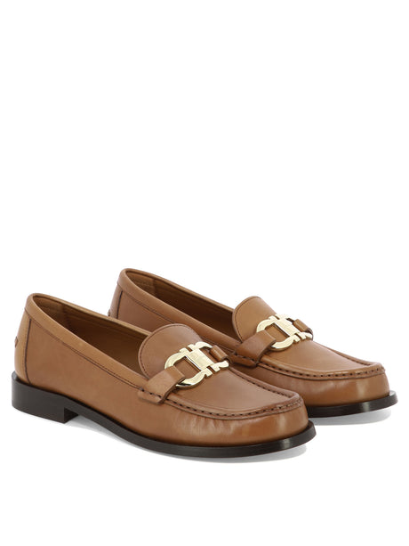 FERRAGAMO Brown Leather Slip-On Loafers with Gancini Hook Buckle for Women