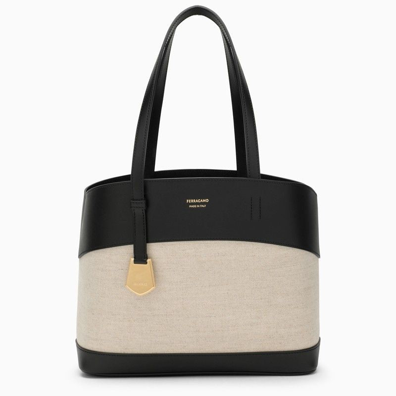 FERRAGAMO Black and Natural Tote Handbag with Removable Clutch for Women