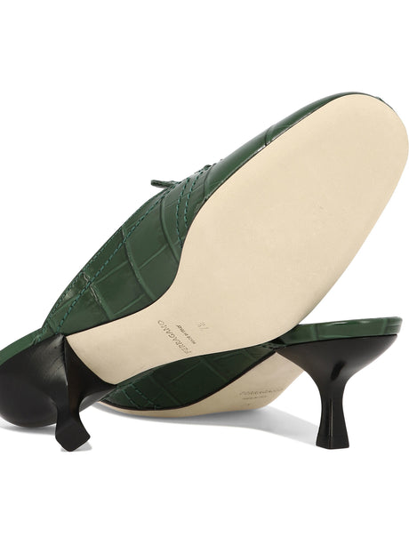 FERRAGAMO Green Leather Strappy Flats for Women