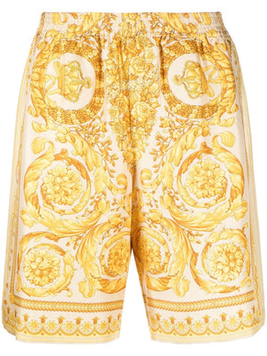 VERSACE Baroque Print Silk Shorts in Golden for Men