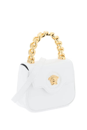 VERSACE White Patent Leather Mini Handbag with Gold-Tone Medusa Clasp and Chain Handle