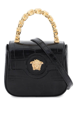 VERSACE Mini Medusa Croc-Embossed Leather Handbag with Gold-Tone Chain - Black