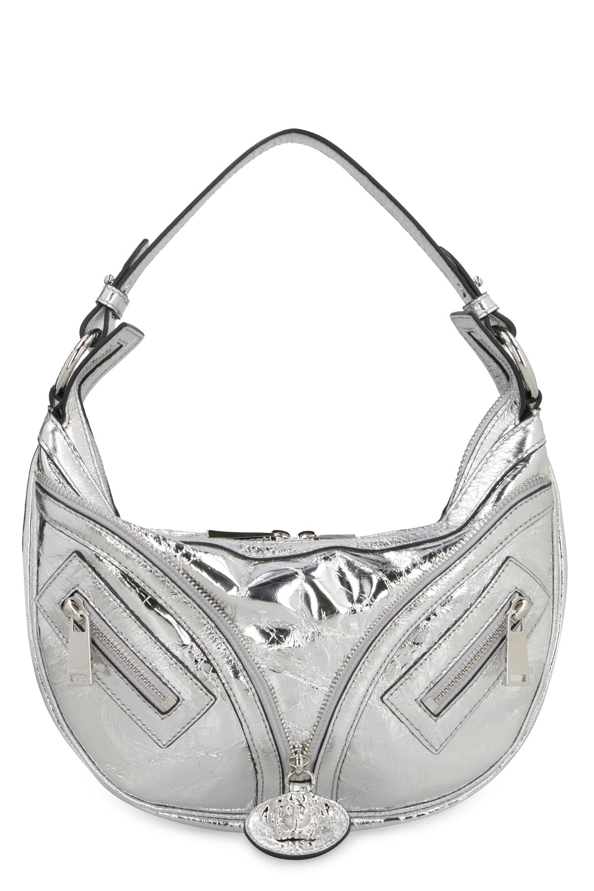 VERSACE Metallic Leather Shoulder Handbag with Medusa Charm and Silver-Tone Hardware for Women