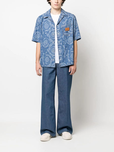 VERSACE Men's Blue Floral Print Cotton Shirt