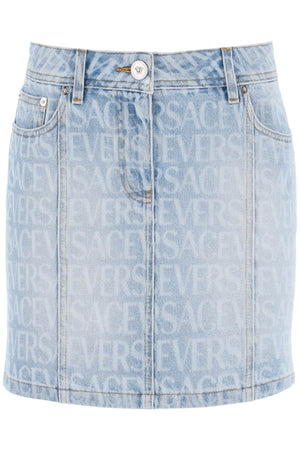 Blue Denim Mini Skirt with Versace Monogram Print for Women - FW23 Collection