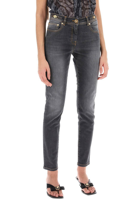 VERSACE Stone-washed Stretch Cotton Denim Skinny Jeans with Gold-Tone Metal Details
