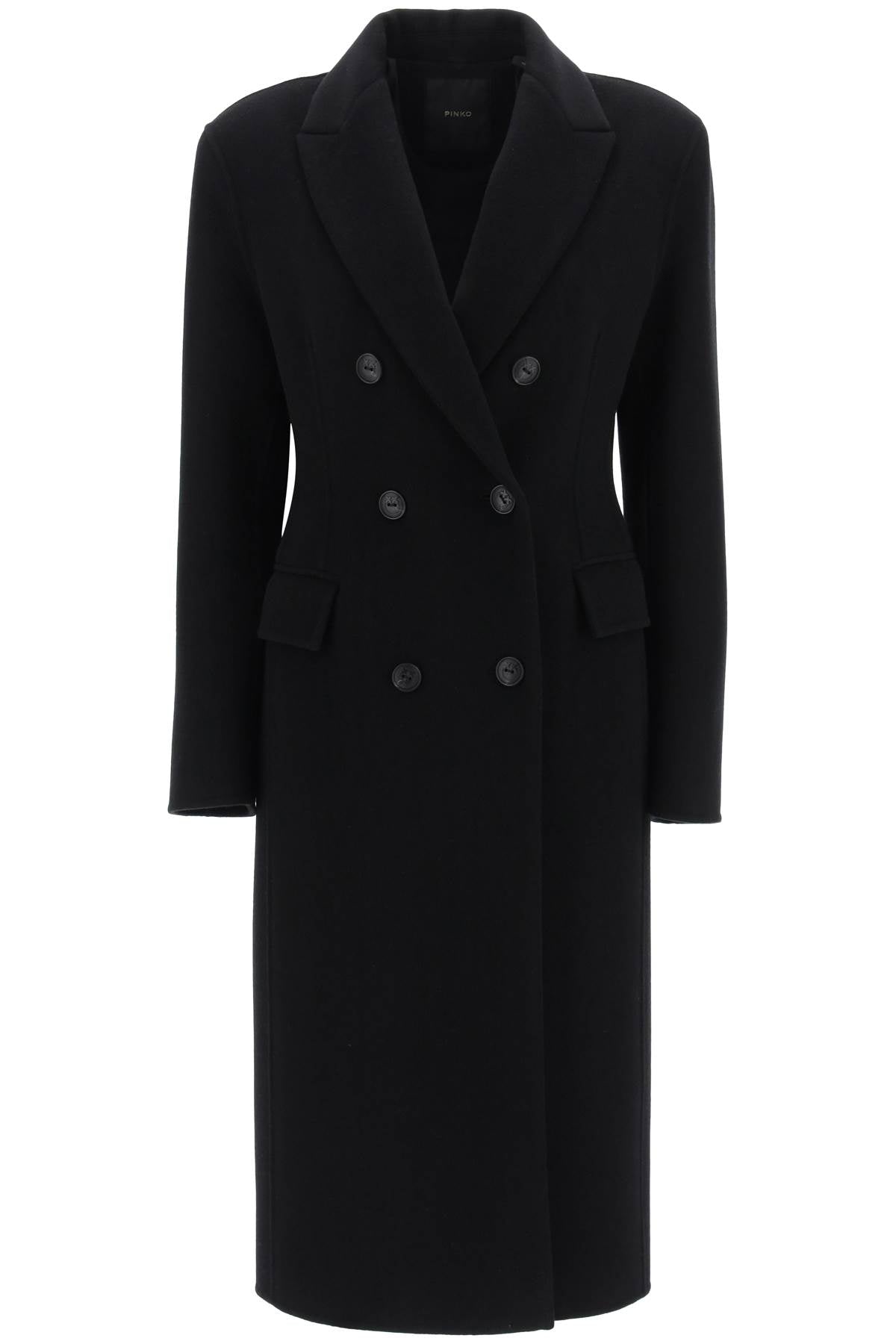 女士秋冬黑色100%羊毛长外套 - 翻领设计，双排兔毛扣子，口袋设计