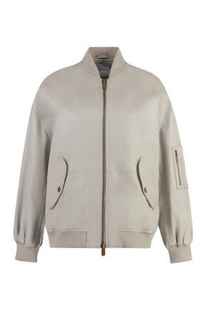 PINKO Beige Leather Jacket with Zipped Pockets and Ribbed Edges for Women - SS24