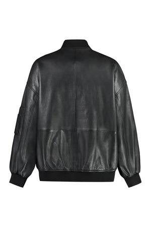 PINKO Black Leather Jacket for Women with Zipped and Pen Pockets and Ribbed Edges