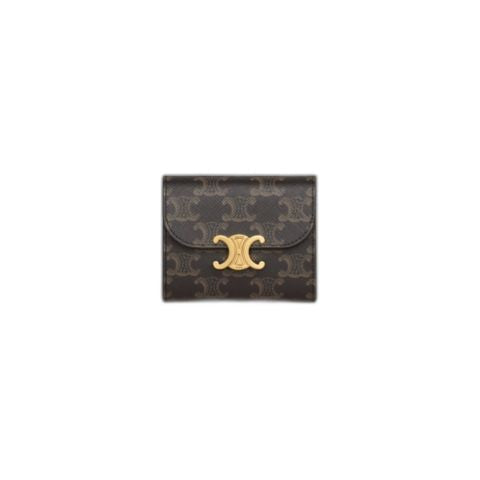 CELINE Triomphe Small Wallet in Brown Canvas with Leather Trims for Women - SS24
