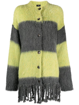 ETRO Yellow Striped Wool Cardigan - Fringed, Long Sleeves, Button Front