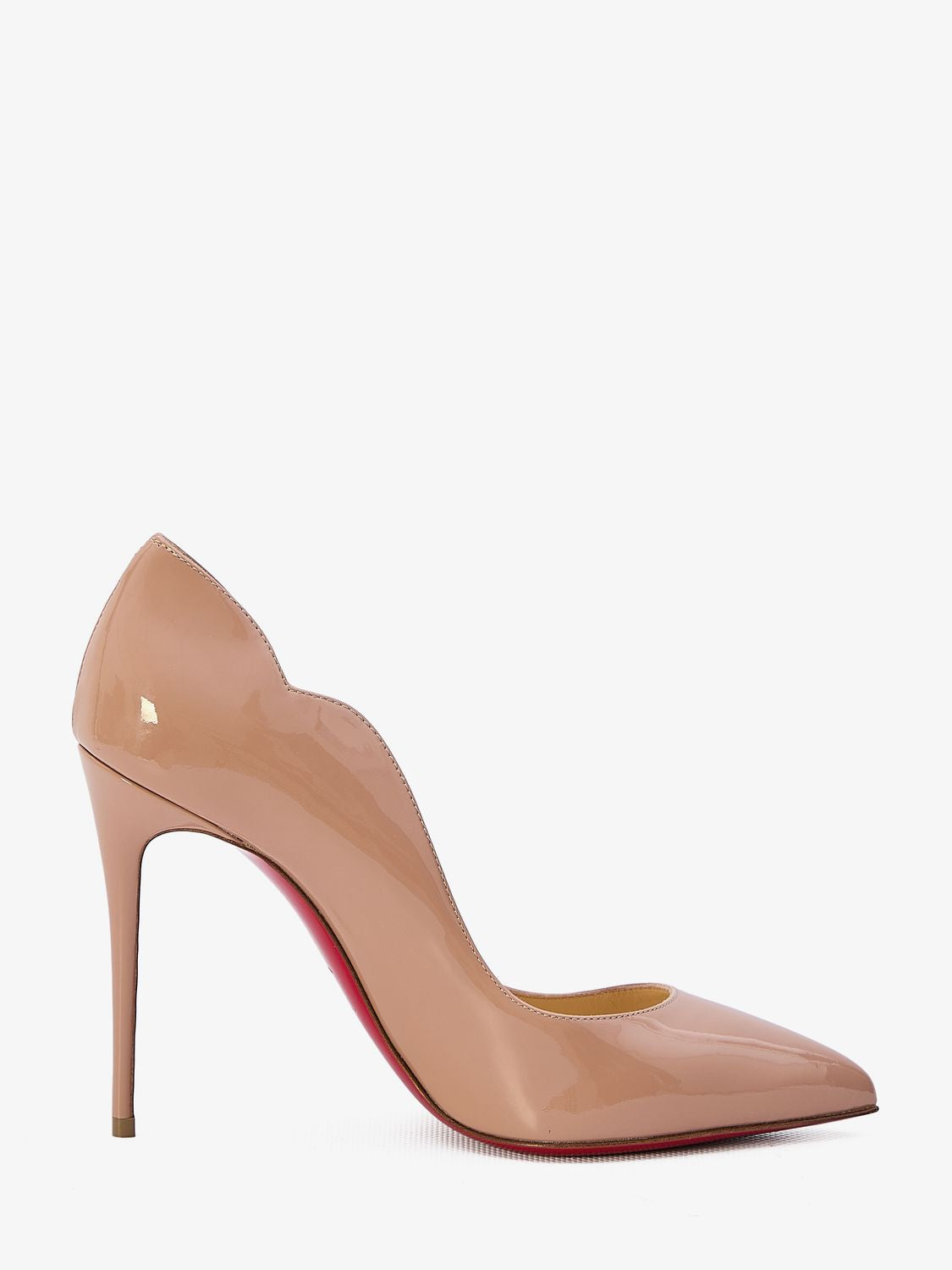 CHRISTIAN LOUBOUTIN Nude Patent Hot Chick 100 Pumps with Scalloped Edges and Red Sole