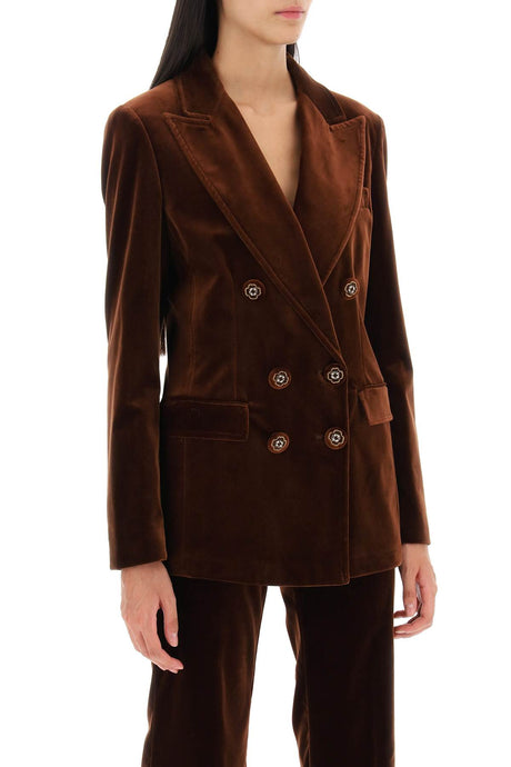 女士棕色天鹅绒外套，带有花卉刺绣纽扣和解构设计