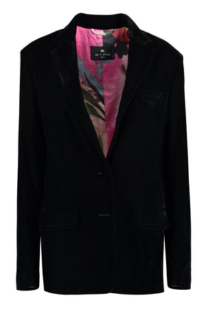 黑色天鹅绒西装外套，印花里衬和后开叉款式