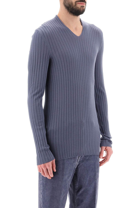 FERRAGAMO Men's Light Blue Ribbed-Knit Sweater for SS24
