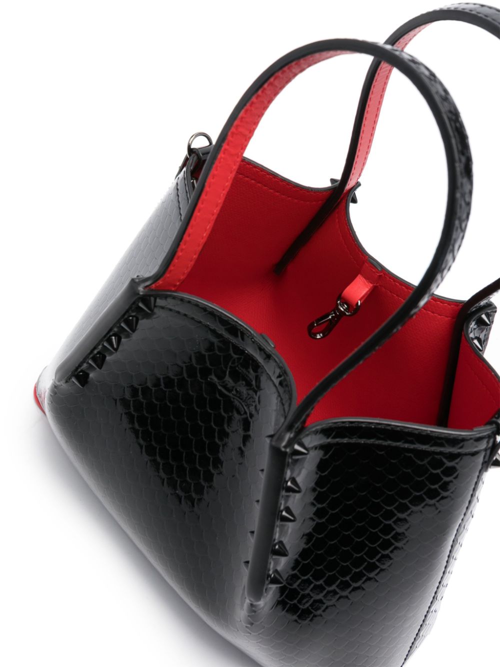 CHRISTIAN LOUBOUTIN Mini Cabarock Patent Leather Tote with Alligator Emboss and Tonal Studs - Black