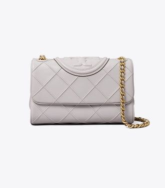 TORY BURCH Convertible Mini Fleming Shoulder Bag in Bay Gray - Lamb Leather with Suede Trim
