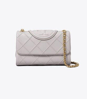 TORY BURCH Convertible Mini Fleming Shoulder Bag in Bay Gray - Lamb Leather with Suede Trim