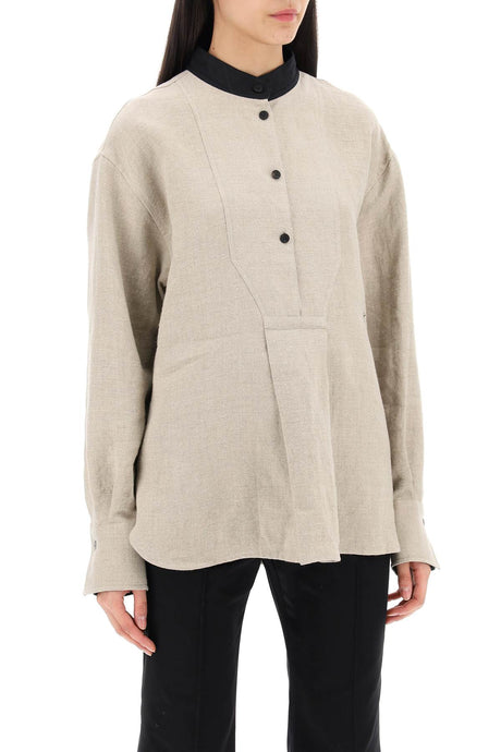 FERRAGAMO Relaxed Fit Linen Tunic Shirt with Mandarin Collar and Small Embroidered Detail