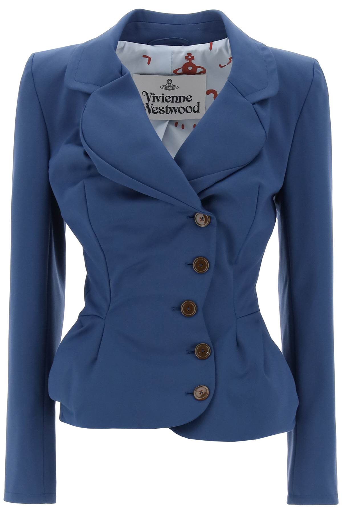 VIVIENNE WESTWOOD Blue Asymmetrical Draped Jacket in Satin-Finish Stretch Cotton Blend