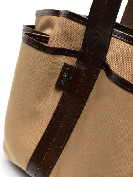 MAX MARA Camel Brown Cotton Canvas Mini Tote Bag with Leather Accents and Lobster Claw Closure