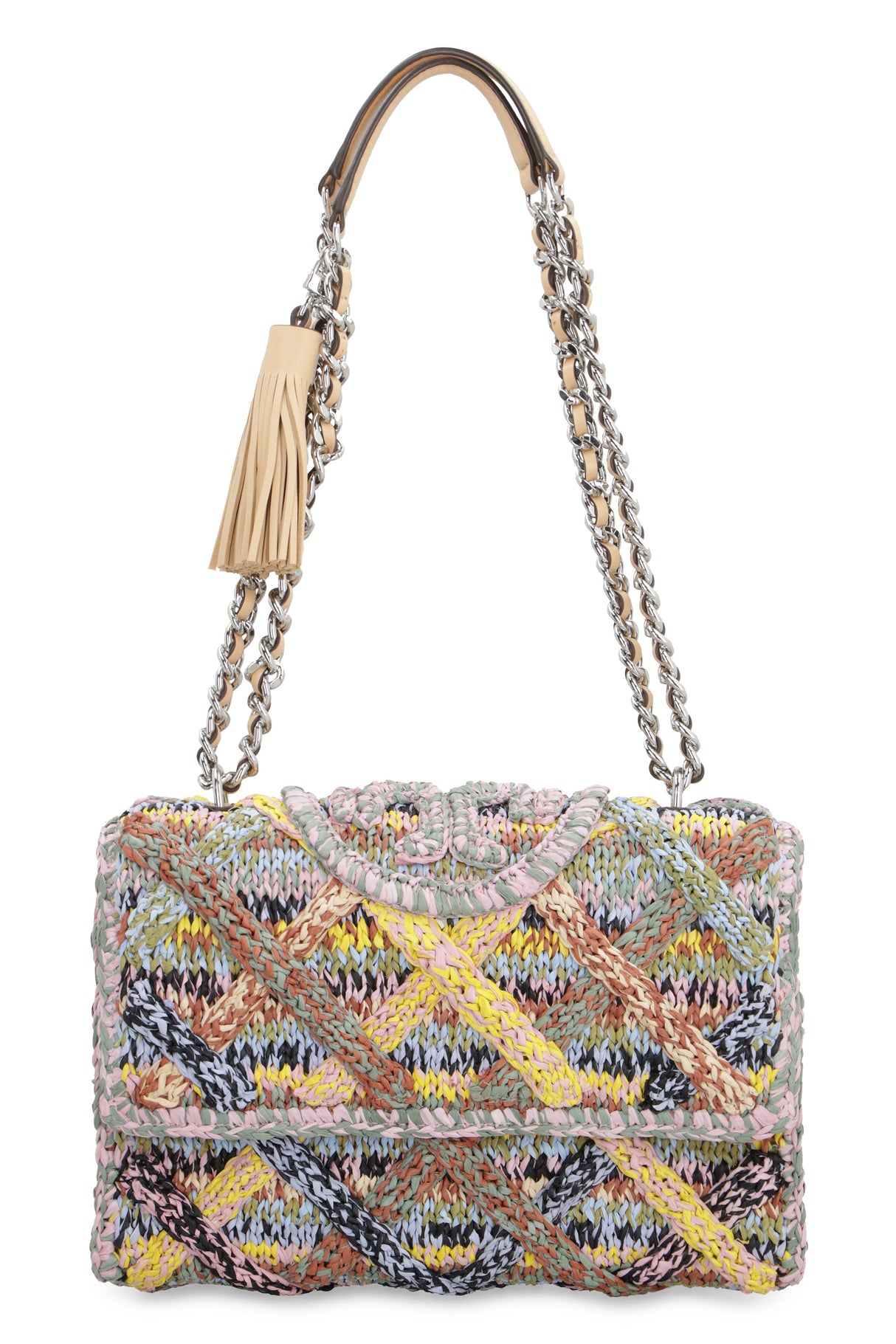 TORY BURCH Fleming Raffia Shoulder Handbag - Woven Multicolor Bag for Women