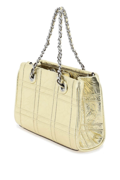 TORY BURCH Gold Diamond-Patterned Mini Leather Handbag with Woven Chain Strap