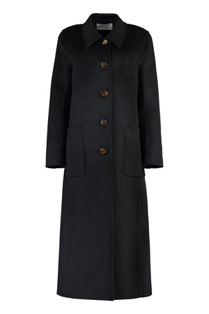 女士黑色羊毛外套，装饰钮扣，带垫肩，适合FW23