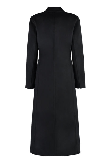 女士黑色羊毛外套，装饰钮扣，带垫肩，适合FW23