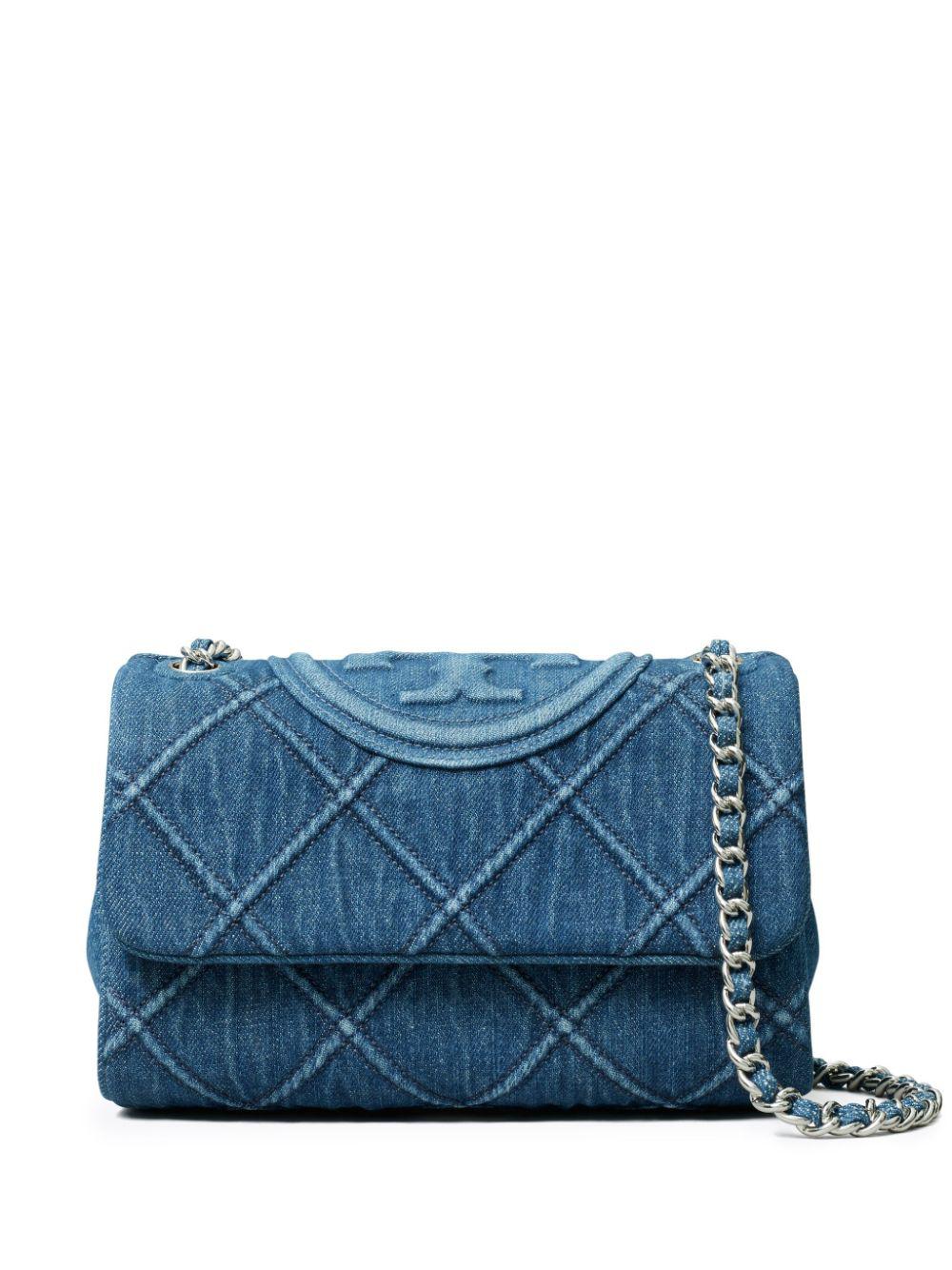 TORY BURCH Quilted Cotton Denim Mini Shoulder Bag with Chain Strap in Light Blue, 22x15x9 cm
