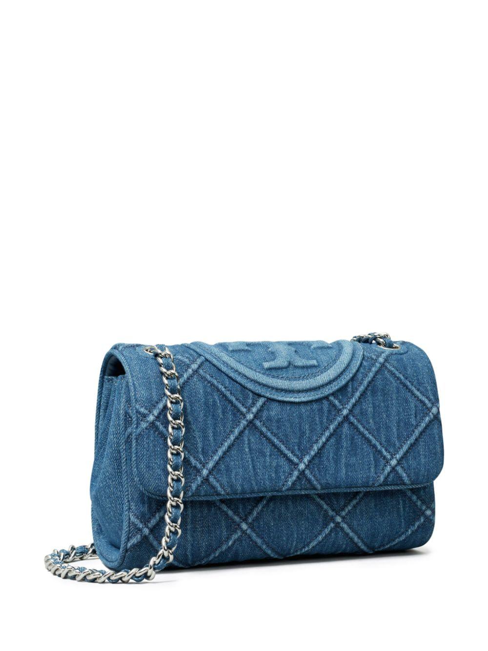 TORY BURCH Quilted Cotton Denim Mini Shoulder Bag with Chain Strap in Light Blue, 22x15x9 cm