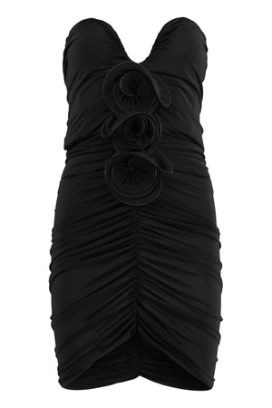 黑色粘胶连衣裙，甜美的V领设计与装饰花卉